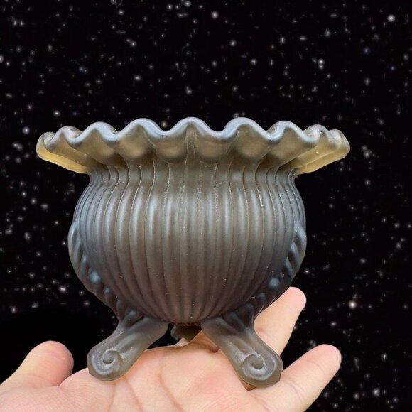 Vintage Fenton Rose Bowl Art Glass Ruffled Top 3 Footed Smokey Frosted Glass 5”W